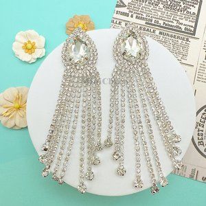 Silver Tone Rhinestone Pear Shape Button Fringe Drop Earrings
